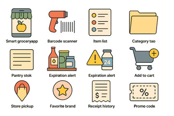 smart grocery app icons: barcode scanner, cart, item list, expiration alert