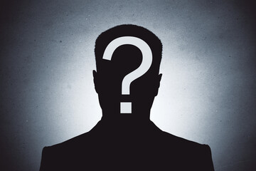 Fototapete - Silhouette of a person with large question mark on head against gradient background symbolizing mystery, curiosity, and unanswered identity.