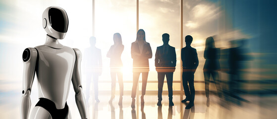 Poster - Futuristic humanoid robot standing in front of a business team in office setting with sunlight background, symbolizing automation and teamwork.