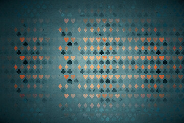 Poster - Seamless dark background with faded playing card suit symbols in geometric pattern design on textured backdrop. 3D Rendering