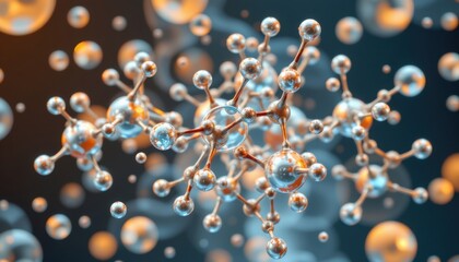 Poster - Abstract representation of molecular structure. The image has a cluster of molecules with a spherical shape and arranged into the space