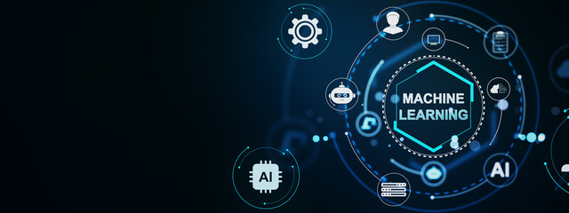 Fototapete - Machine learning concept with AI icons and neural network symbols on futuristic digital interface background in modern blue light design style. 3D Rendering