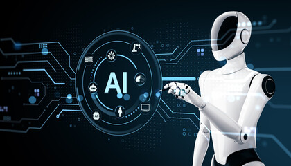 Fototapete - Futuristic robot interacting with artificial intelligence interface on digital screen with high-tech circuit background representing automation concept. 3D Rendering