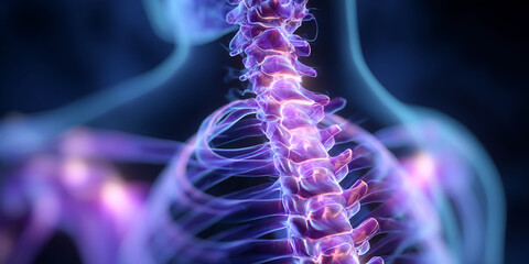 Poster - Close-up of glowing purple and blue human spine, detailed anatomical structure, showcasing health, wellness, or medical concepts