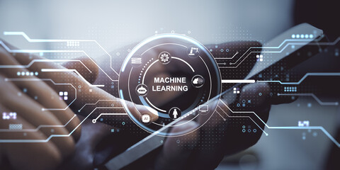 Fototapete - Machine learning concept interface over smartphone in hand with futuristic digital virtual HUD design on blurred background for AI technology theme.