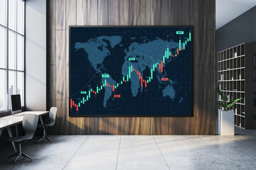 Fototapete - Modern office interior with digital world map and forex trading chart display on wooden wall background in bright corporate workspace design. 3D Rendering