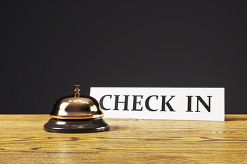 Poster - Hotel check-in bell on wooden counter with sign in front of dark background, realistic lighting and reflections, concept of hospitality service. 3D Rendering