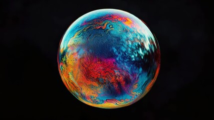 Wall Mural - A colorful, glowing, and distorted bubble that looks like a planet. The bubble is surrounded by a black background