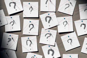 Fototapete - Sticky notes with question marks connected by red strings on wall background in detective-style office concept of investigation and curiosity. 3D Rendering