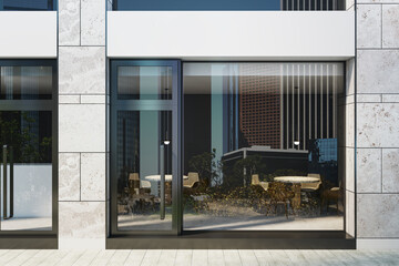 Aufkleber - Modern store or cafe facade with glass windows and city reflections, featuring minimalist entrance design and urban background view at daylight. 3D Rendering
