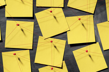 Fototapete - Yellow sticky notes connected with red strings on dark wall background, symbolizing investigation or brainstorming in business or office setup. 3D Rendering