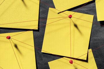Fototapete - Yellow investigation notes connected by red strings pinned on dark wall background depicting detective business strategy concept. 3D Rendering