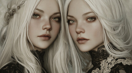 Poster - Close-up portrait of two women with long, light-blonde hair, wearing dark lace collars.  The image evokes a sense of mystery and ethereal beauty