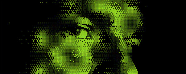 Poster - Digital portrait created using pixel art technique highlighting a detailed face in vibrant green tones against a dark background