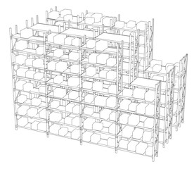 Fototapete - Shelves and boxes. The boxes are stacked on top of each other. The building is very tall and has many levels