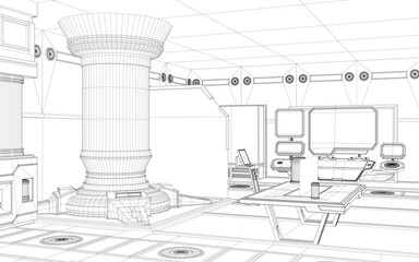 Poster - A drawing of a room with a large, white object in the center. The room is empty and has a modern, minimalist design