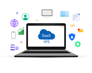 Poster - Software as a service cloud system on the laptop screen with floating shapes around. Networking, graph, security, data servers, management system