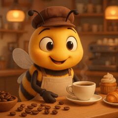 Poster - cartoon bee wearing apron is sitting at table with coffee and pastries.