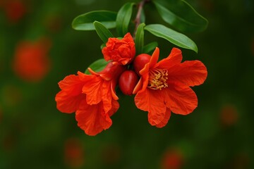 Aufkleber - Red flowers in bloom on green leaves.