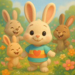 Poster - Three animated cartoon bunnies in grassy field with flowers. One bunny is wearing striped shirt with heart on it.