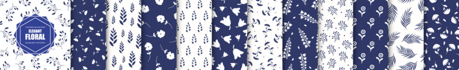 Aufkleber - Collection of vector elegant floral seamless patterns. Drawing repeatable spring nature beautiful backgrounds with branches, leaves and flowers. Blue and white design. Textile endless prints