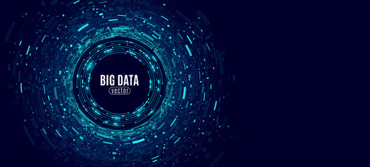 Poster - Futuristic circular big data visualization on a dark blue background. Abstract digital technology design with geometric shapes and glowing elements for scientific research presentation. Vector.