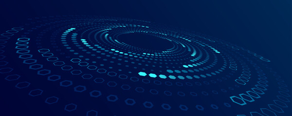 Poster - Futuristic blue digital technology background with glowing hexagonal patterns arranged in concentric circles. Abstract AI data flow and digital communication. Vector illustration.
