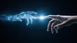 © Ksu_Sha - Human hand touching digital robotic hand with glowing connection light on dark futuristic background