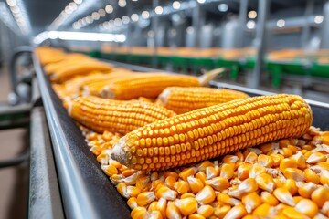 Aufkleber - Corn kernels and cobs moving on conveyor belt in food processing plant