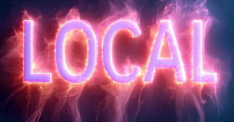 Aufkleber - Bright pink LOCAL text glows against dark blue, purple smoke. Dramatic lighting creates fiery effect. Bold typography dominates composition.