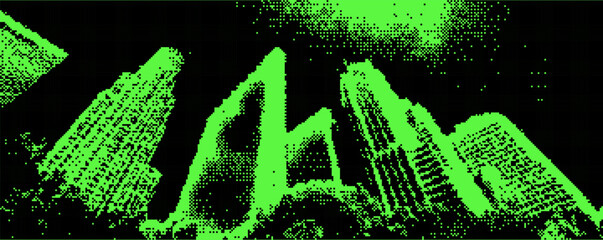Poster - A striking view of towering skyscrapers bathed in bright green light under a night sky. Bitmap overlay bg with pixel effect .