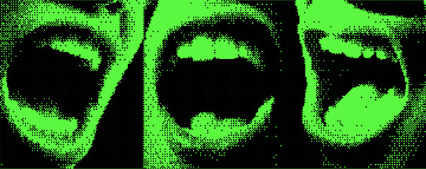 Aufkleber - A striking digital artwork illustrates three faces, each in a different stage of vocal expression.Bitmap overlay bg with pixel effect .