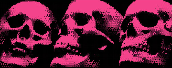 Poster - Three stylized skulls exhibit a striking neon pink hue against a contrasting dark background. Bitmap overlay bg with pixel effect.
