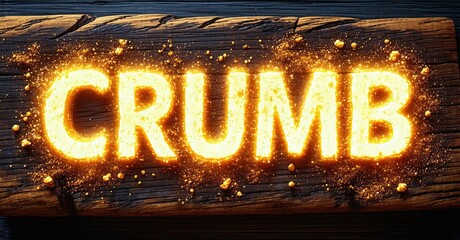 Aufkleber - Golden text spells crumb upon dark wood surface. Bright sparkles surround lettering, creating dramatic effect. Simple, bold design.