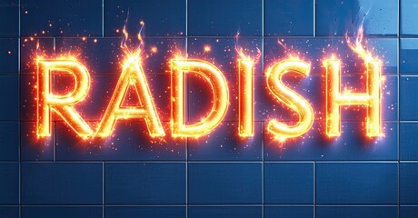 Aufkleber - Bright radiant text spells radish. Fiery glow illuminates blue tiled background. Bold typography creates dramatic visual impact.