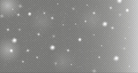 Sparkling magic dust particles bokeh on transparent background, dust sparks and stars shine with special light, Christmas light effect sparkle, glitter, glow lights, vector illustration.