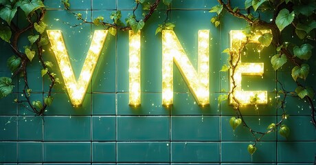 Aufkleber - Golden lettering spells VINE against teal tiles. Lush greenery frames word, creating vibrant contrast. Light sparkles add visual interest.