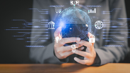 Poster - Businessperson holding smartphone with digital globe hologram and fintech icons, symbolizing global finance, cybersecurity, and innovation. Financial and banking, Digital link tech, big data.
