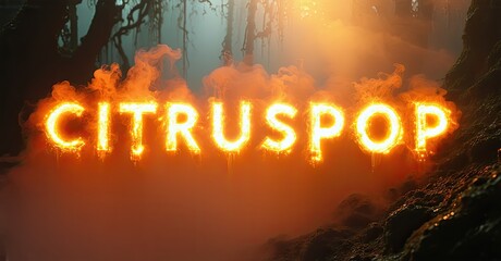 Aufkleber - Bright text CITRUSPOP glows intensely against blurred forest backdrop. Warm colors dominate image, creating dramatic effect.