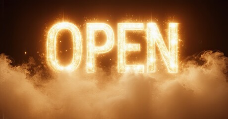 Aufkleber - Bright word OPEN glows against dark background. Golden light emanates from lettering, surrounded by smoky haze. Dramatic visual impact.