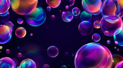Poster - Chromatic Bubbles: a mesmerizing display of iridescent spheres float against a deep purple background, their transparency revealing a play of light and shadow.