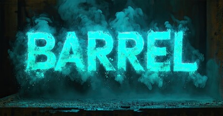 Poster - Bright turquoise BARREL text emerges from smoky haze. Dark background emphasizes glowing lettering, creating dramatic visual impact.
