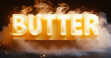 Aufkleber - Glowing word BUTTER presented with smoke, sparks, warm lighting. Dramatic visual effect, bold typography, dark background.