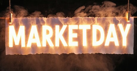 Aufkleber - Bright Marketday sign glows against dark background. Smoke or fog adds dramatic effect, creating intriguing visual.
