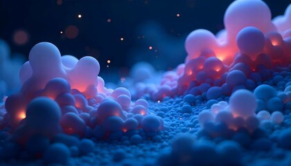 Abstract landscape of glowing pink and blue organic shapes with particles, evoking microscopic life, alien environments, or scientific concepts. Ideal for science, biology, or futuristic themes