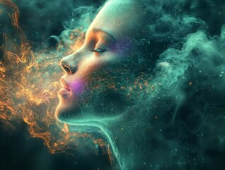 Poster - Woman surrounded by ethereal smoke and vibrant colors in a surreal artistic expression of emotion and beauty