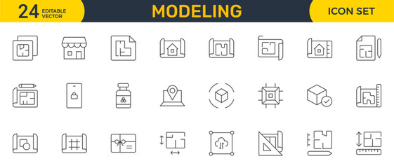  Set of Modeling outline icon set. Architectural planning icon collection. Planning, scheme, dimension, project, measurement, floor plan and more.