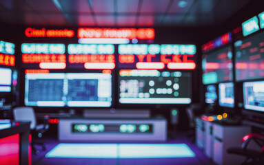Poster - Control room with multiple screens displaying data and information in a dark setting.futuristic photos with premium quality for poster and banner backgrounds
