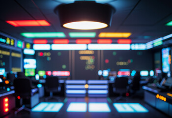 Poster - Control room interior with multiple screens displaying data and illuminated panels.futuristic photos with premium quality for poster and banner backgrounds