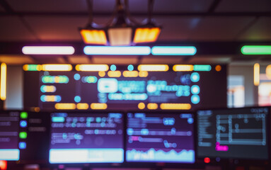 Poster - Multiple screens display data and graphics in a dimly lit room.futuristic photos with premium quality for poster and banner backgrounds